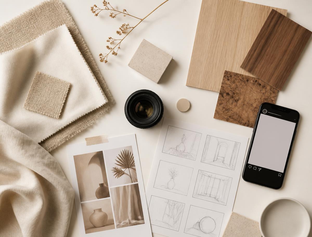 Material swatches, camera lens and storyboards laid out in the studio